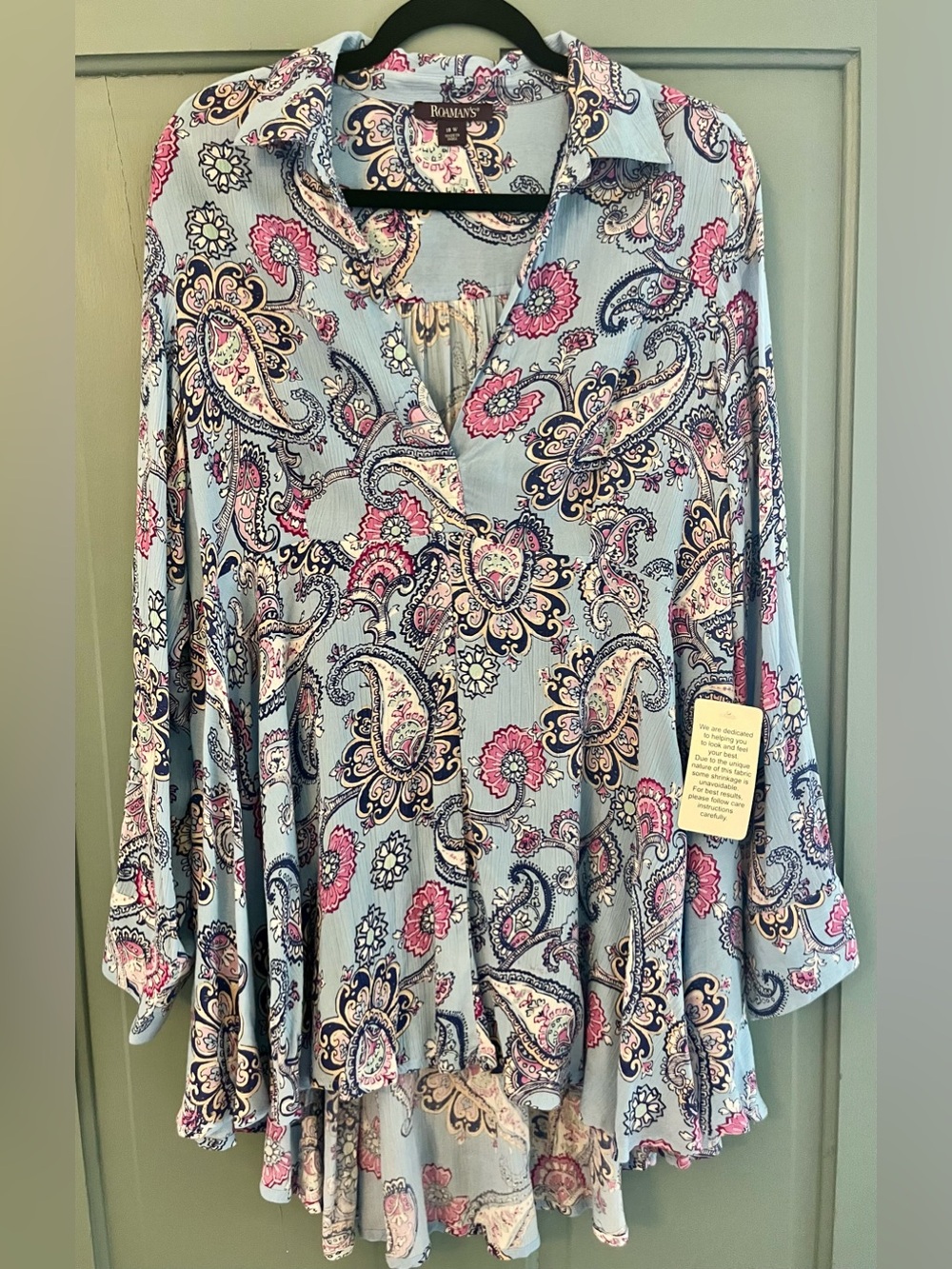 Roaman's Light Blue Paisley Button-Front Tunic with Pink Accents